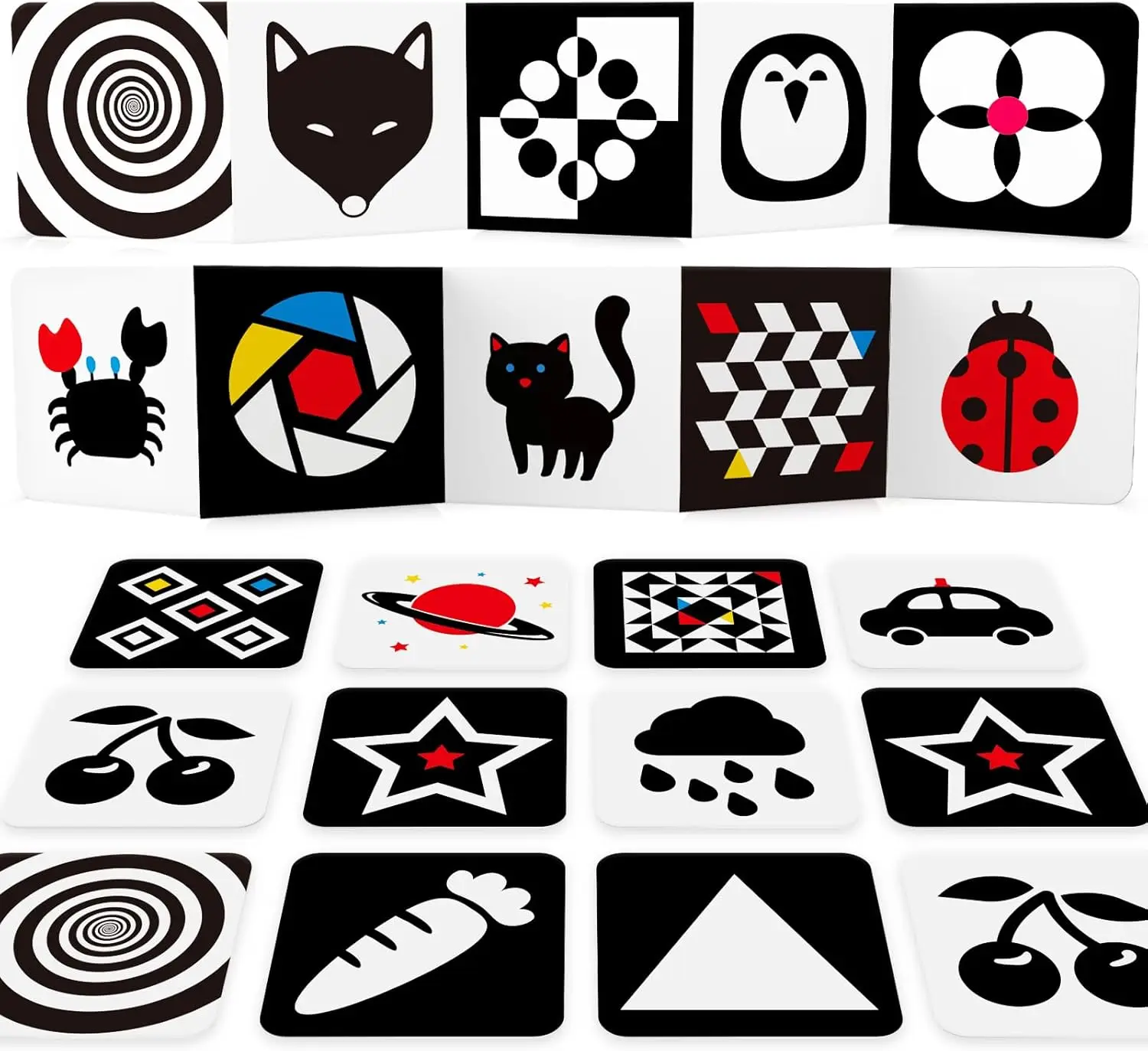 Montessori High Contrast Baby Visual Stimulation Card Black White Flash Cards 0-36 Months Tummy Time Educational Sensory Book
