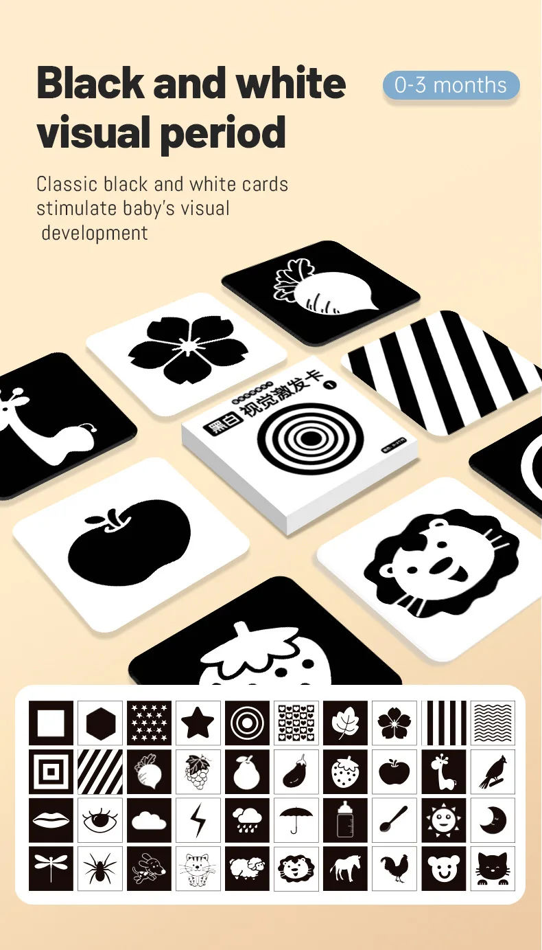 Baby Montessori Visual Stimulation Card Black and White Cards High Contrast Visual Stimulation Shape Card Toddler Cognitive Toys
